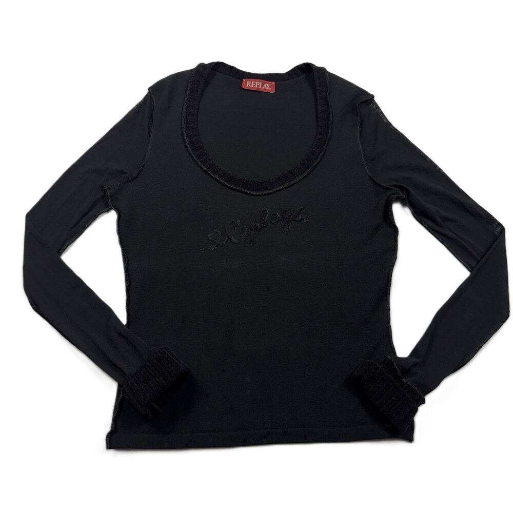 Replay Y2K black top sheer long-sleeved Sz M wool blend made in Italy